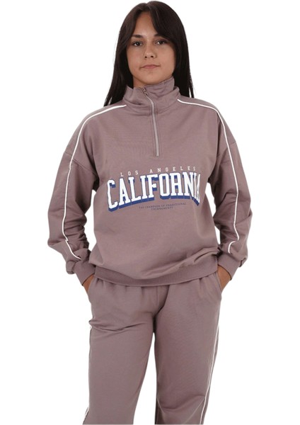 Kız Çocuk California Yazılı Yarım Fermuar Model Pudra Renk Oversize Eşofman Takımı fırsatları