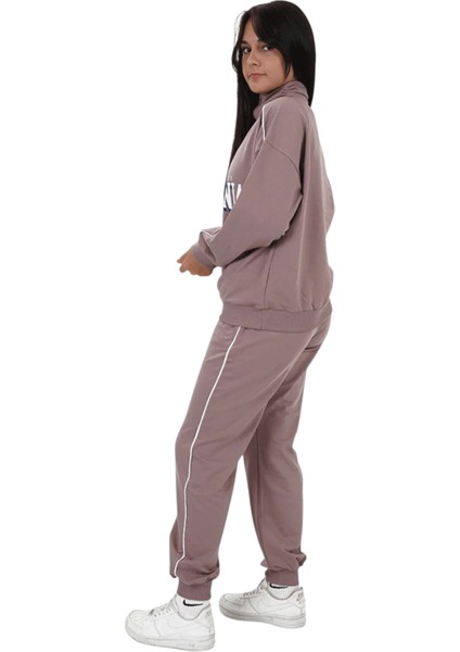 Kız Çocuk California Yazılı Yarım Fermuar Model Pudra Renk Oversize Eşofman Takımı indirimleri