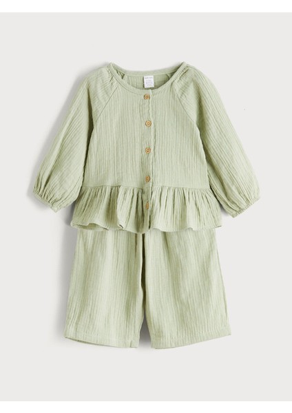 Bisiklet Yaka Kız Bebek Müslin Gömlek ve PANTOLON_8684690929531