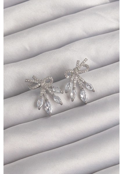 Bfs Pirinç Gümüş Renk Zirkon Taşlı Fiyonk Küpe