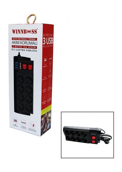 Termal Akım Korumalı 16A 8li Priz 3xusb 2mt Anahtarlı Uzatma Kablo Siyah (5324)