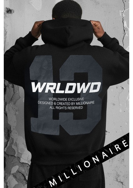 Erkek Siyah 13 Worlwıde 3 Iplik Şardonlu Kapüşonlu Kanguru Cepli Oversize Salaş Hoodie Sweatshirt