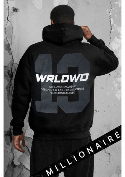 Erkek Siyah 13 Worlwıde 3 Iplik Şardonlu Kapüşonlu Kanguru Cepli Oversize Salaş Hoodie Sweatshirt modelleri