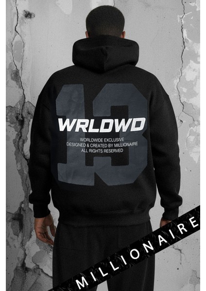 Erkek Siyah 13 Worlwıde 3 Iplik Şardonlu Kapüşonlu Kanguru Cepli Oversize Salaş Hoodie Sweatshirt fırsatları