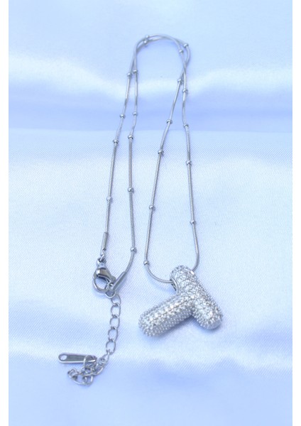 316L Çelik Zincirli Zirkon Taşlı T Harfli Gümüş Renk Bubble Kolye - Lisinya fiyatları