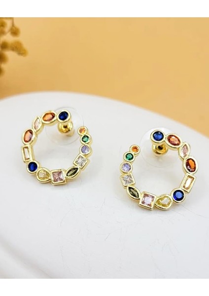 Pırıltılı Renkli Zirkon Taşlı Çember Küpe