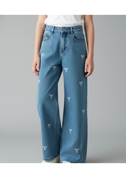 Beyaz Kurdeleli Pantolon Kot Kız Çocuk