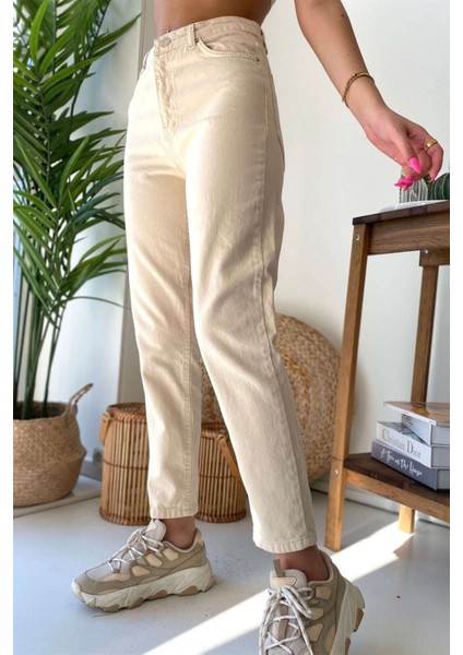 Kadın Yüksek Bel Ekru Likralı Mam Jean Esnek Kot Pant.
