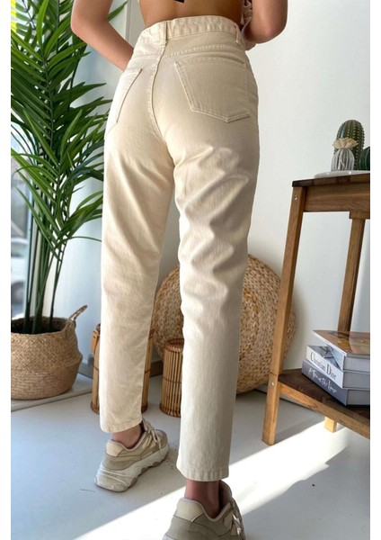 Kadın Yüksek Bel Ekru Likralı Mam Jean Esnek Kot Pant. modelleri