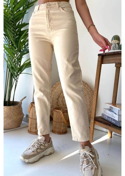 Kadın Yüksek Bel Ekru Likralı Mam Jean Esnek Kot Pant. fırsatları