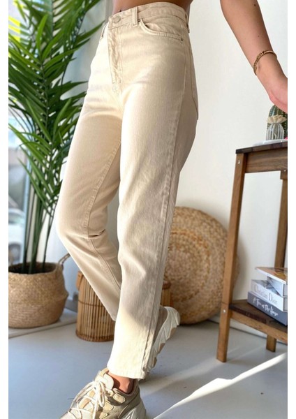 Kadın Yüksek Bel Ekru Likralı Mam Jean Esnek Kot Pant. indirimleri