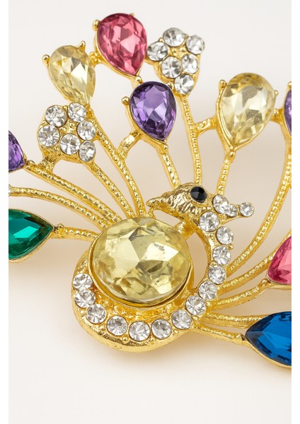 Göksunun Izi Altın Tonlu Renkli Taşlı Tavus Kuşu Şeklinde Işıltılı Zarif Broş Aksesuar fiyatları