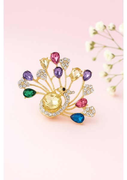 Göksunun Izi Altın Tonlu Renkli Taşlı Tavus Kuşu Şeklinde Işıltılı Zarif Broş Aksesuar fırsatları