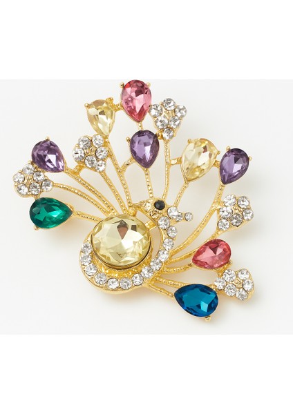 Göksunun Izi Altın Tonlu Renkli Taşlı Tavus Kuşu Şeklinde Işıltılı Zarif Broş Aksesuar