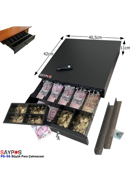 5 Geniş Banknot Gözlü Montaj Askılı, Pos Bağlantılı Anahtardan Açılır Para Çekmecesi 40,5X42X11CM