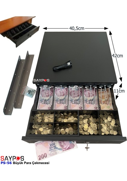 5 Geniş Banknot Gözlü Montaj Askılı, Pos Bağlantılı Anahtardan Açılır Para Çekmecesi 40,5X42X11CM fiyatları