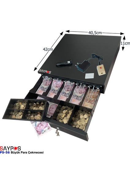 5 Geniş Banknot Gözlü Kolay Açma Buton ve Adaptörlü, Anahtardan Açılır Para Çekmecesi 40,5X42X11CM