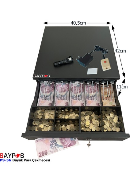 5 Geniş Banknot Gözlü Kolay Açma Buton ve Adaptörlü, Anahtardan Açılır Para Çekmecesi 40,5X42X11CM fiyatları