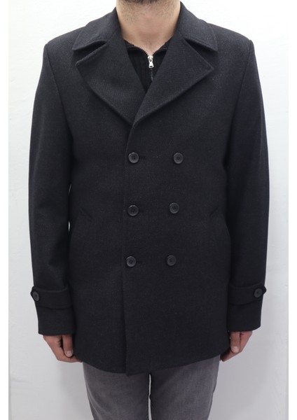 Fistan Store Erkek Siyah Spor Kesim Normal Kalıp Düğme Kapamalı Kışlık Kaşmir Kaban