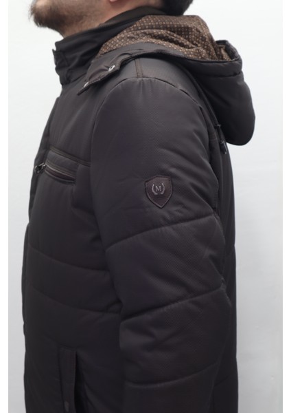 Fistan Store Erkek Koyu Kahve Hakim Yaka Rahat Kalıp Kapüşonlu Fermuar ve Çıtçıt Kapamalı Kışlık Mont modelleri