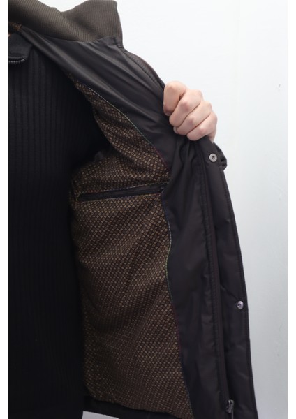 Fistan Store Erkek Koyu Kahve Hakim Yaka Rahat Kalıp Kapüşonlu Fermuar ve Çıtçıt Kapamalı Kışlık Mont fırsatları