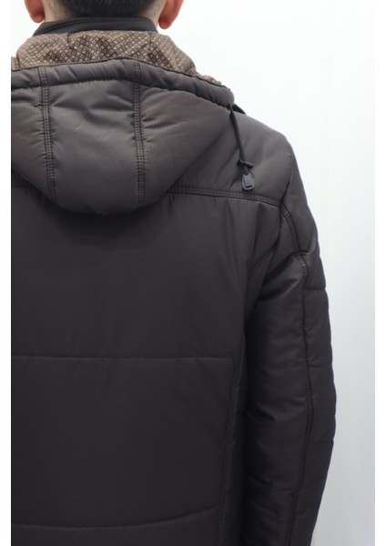 Fistan Store Erkek Koyu Kahve Hakim Yaka Rahat Kalıp Kapüşonlu Fermuar ve Çıtçıt Kapamalı Kışlık Mont