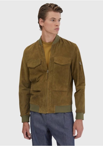 Yağ Yeşili Regular Fit Dik Yaka Casual Deri Mont