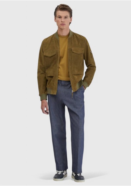 Yağ Yeşili Regular Fit Dik Yaka Casual Deri Mont fiyatları