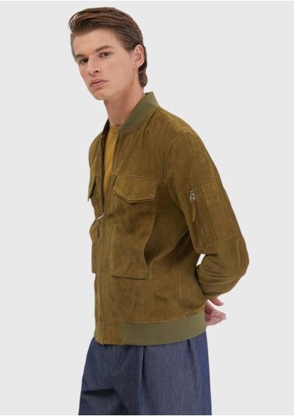 Yağ Yeşili Regular Fit Dik Yaka Casual Deri Mont fırsatları