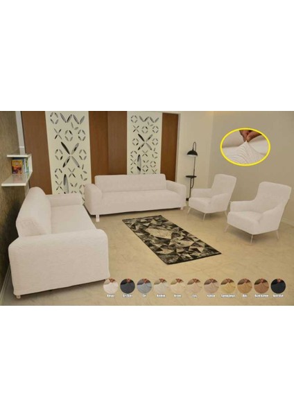 Koltuk Örtüsü Giydirmeli 3+3+1+1 Jakar Likralı Kırık Beyaz