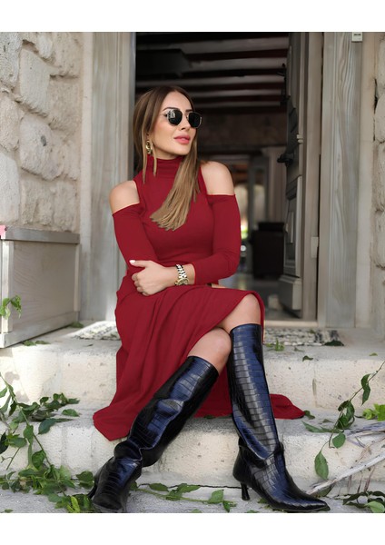 Kadın Balıkçı Yaka Omuzlardan Açık Uzun Kollu Janjan Krep Elbise