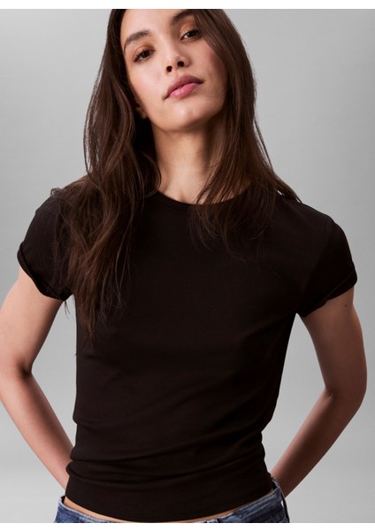 Yuvarlak Yaka Düz Siyah Kadın T-Shirt LV044C216GUB1 modelleri