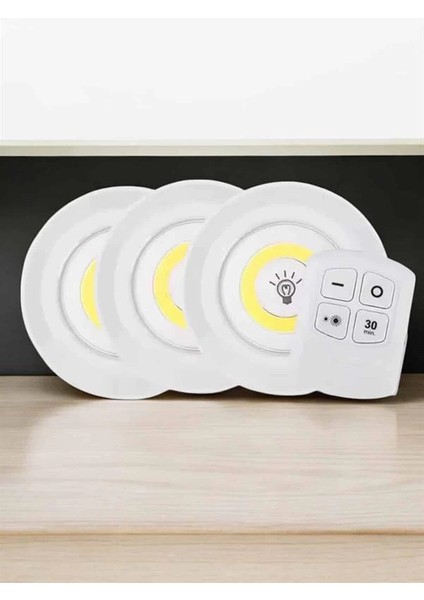 Spot Lamba LED Işık 3'lü Uzaktan Kumandalı Pilli Yapışkanlı Kablosuz