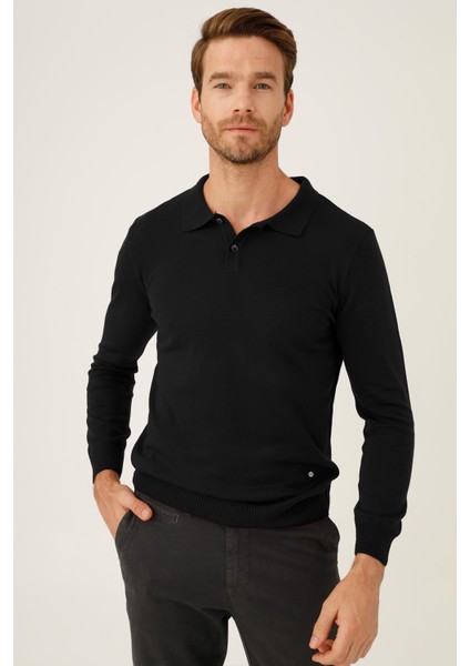 Siyah Standart Fit Dar Kalıp Polo Yaka Düz Uzun Kollu Triko