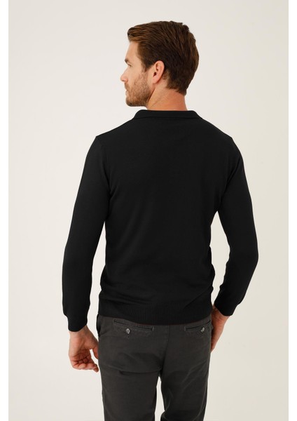 Siyah Standart Fit Dar Kalıp Polo Yaka Düz Uzun Kollu Triko fiyatları