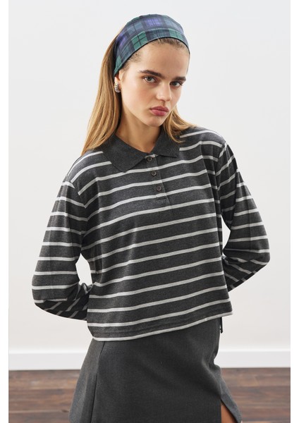 Polo Yaka Çizgili Tshırt Antrasit modelleri