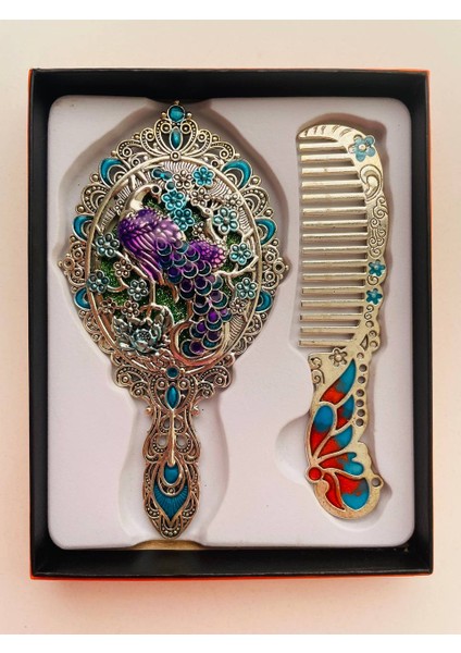 Ayna Tarak Seti, Kutulu-Metal-Hediyelik Takım, 13CM Aynalı Saç Fırçası, Tavuskuşu Figürlü