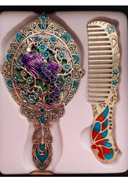 Ayna Tarak Seti, Kutulu-Metal-Hediyelik Takım, 13CM Aynalı Saç Fırçası, Tavuskuşu Figürlü fiyatları