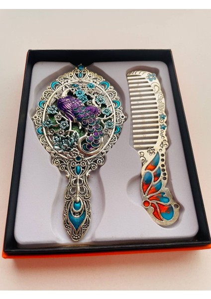 Ayna Tarak Seti, Kutulu-Metal-Hediyelik Takım, 13CM Aynalı Saç Fırçası, Tavuskuşu Figürlü modelleri