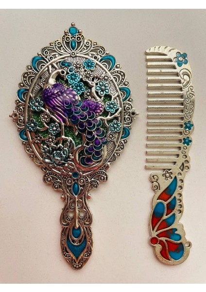 Ayna Tarak Seti, Kutulu-Metal-Hediyelik Takım, 13CM Aynalı Saç Fırçası, Tavuskuşu Figürlü fırsatları