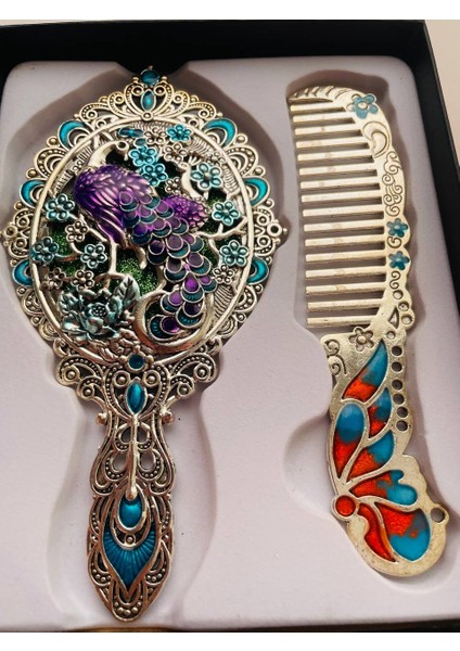 Ayna Tarak Seti, Kutulu-Metal-Hediyelik Takım, 13CM Aynalı Saç Fırçası, Tavuskuşu Figürlü
