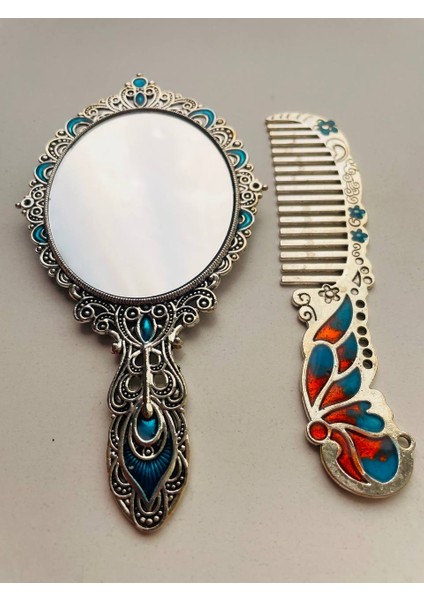 Ayna Tarak Seti, Kutulu-Metal-Hediyelik Takım, 13CM Aynalı Saç Fırçası, Tavuskuşu Figürlü