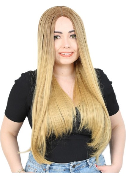 Fiber Sentetik Uzun Düz Peruk / Kumral / Sarı Ombreli