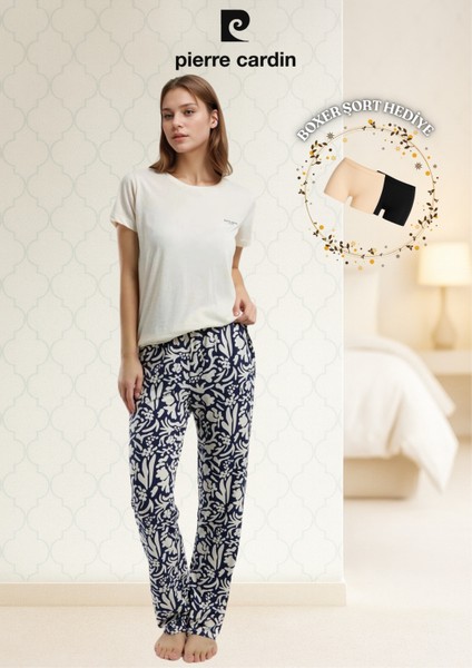 Kadın Giyim Krem Kısa Kol Pijama Takımı (Modal Şort Hediye)