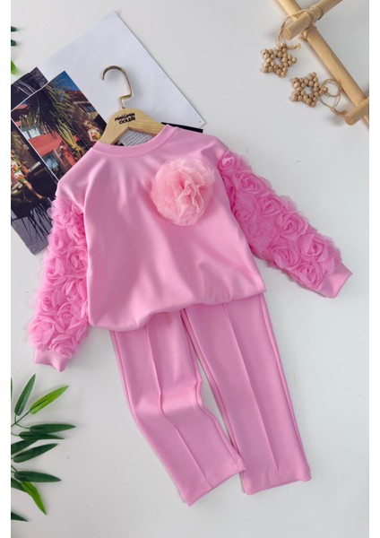 Kolları Gül Detaylı Kız Çocuk Çimalı 2 li takım - Pembe