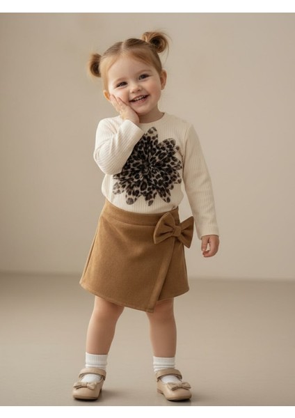 Kız Çocuk 2’li Takım – Leopar Çiçek Desenli Bluz ve Kahverengi Etek modelleri