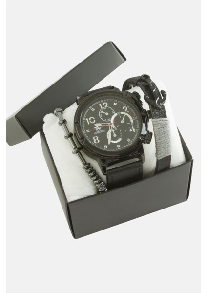 Kayışlı Erkek Kol Saati ve Kutulu Bileklik Kombini
