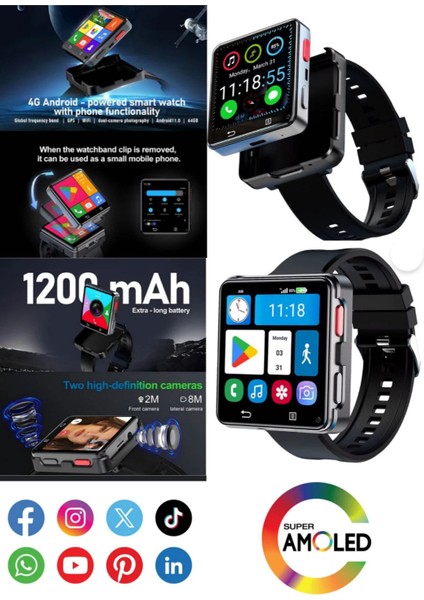 CALL668 5g Akıllı Saat Android 11 2.64 "ekran 64 GB Hafıza 1200MAH Batarya Tiktok Youtube
