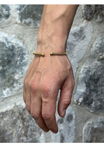 Erkek Örgü Kelepçe Çelik Bileklik - Gümüş Renk