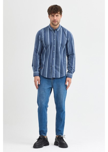 Erkek Dikine Çizgili Button Down Yaka Melanj Kışlık Pamuk Gömlek modelleri